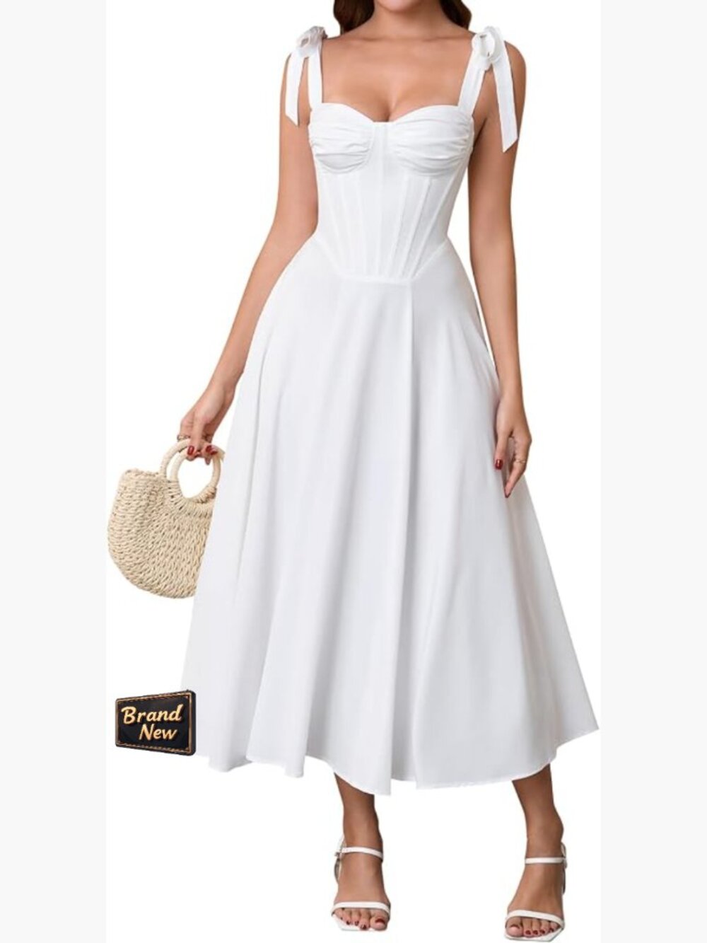 Floral Corset Midi Dress Women Summer A-Line Bow Straps Sweetheart